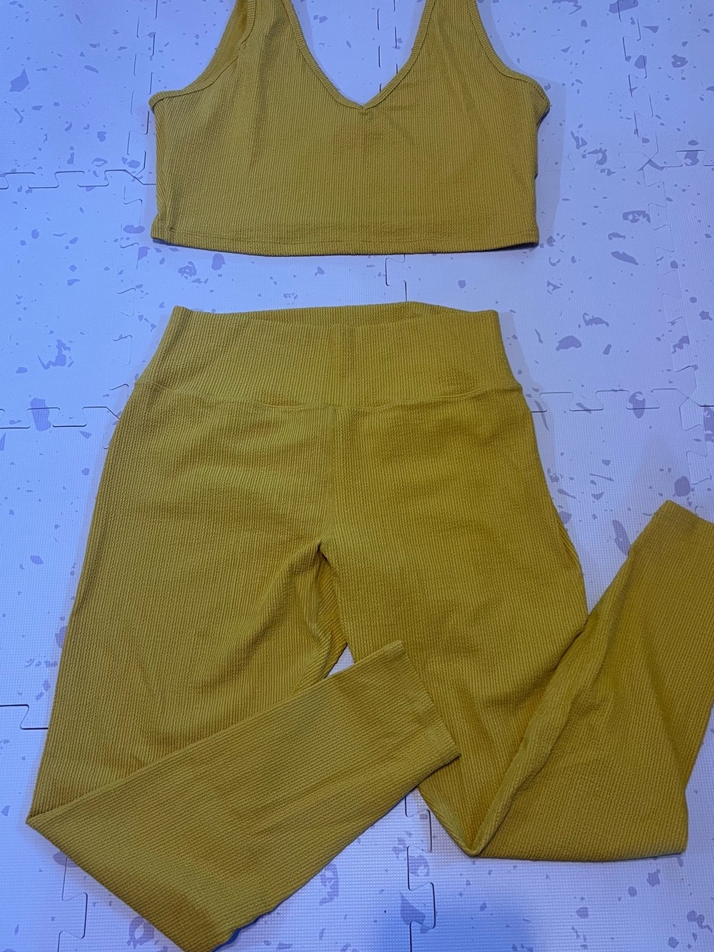 BuffBunny Ribbed V-Neck Crop Top and High-Waist Leggings Set - Mustard Yellow
